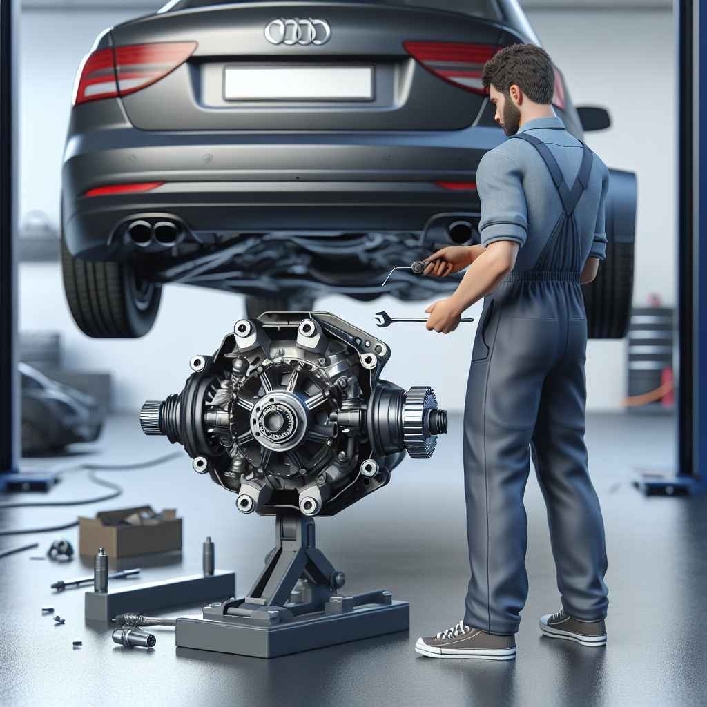 Automobil na dizalici s otvorenim diferencijalom i mehaničarom koji popravlja.