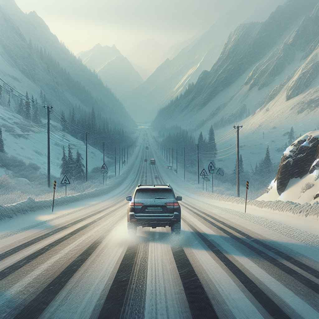 Automobil na planinskoj cesti, zimski uvjeti, savjeti za sigurnu vožnju.