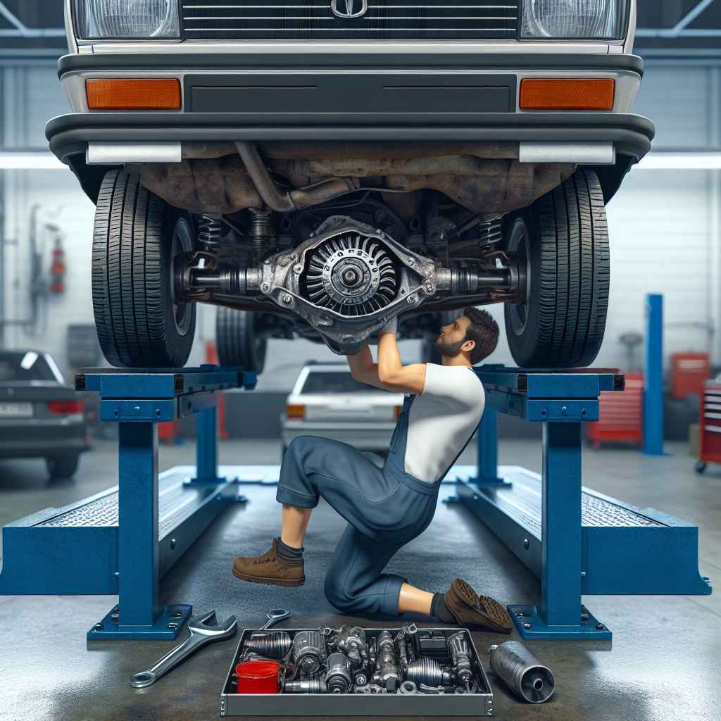 Automobil podignut, mehaničar ispituje i mijenja differencijalno ulje ispod vozila.