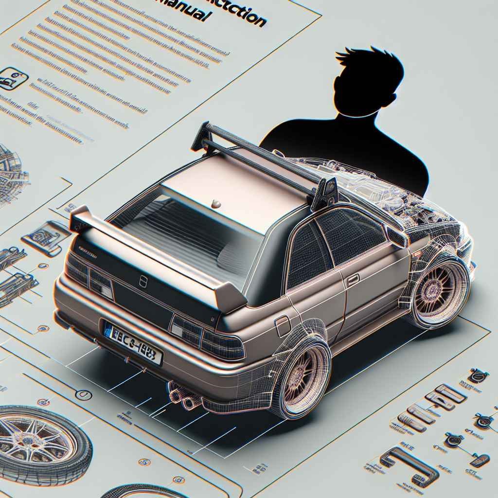 Automobil s instaliranim spojlerom i krovnim nosačem, detalji uputstava u pozadini.