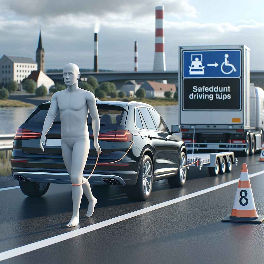 Automobil vuče prikolicu cestom, prikazani savjeti osiguravaju sigurnu vožnju.