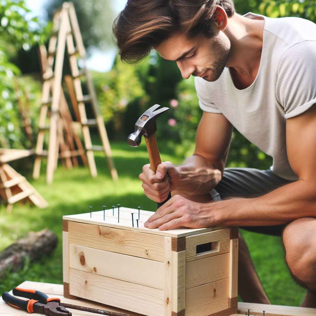 Čovjek izrađuje drveni sanduk za vrtni alat sa čekićem i čavlima.