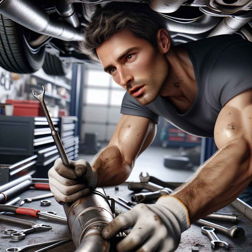 Čovjek mijenja ispušni lonac automobila koristeći alat u garaži.