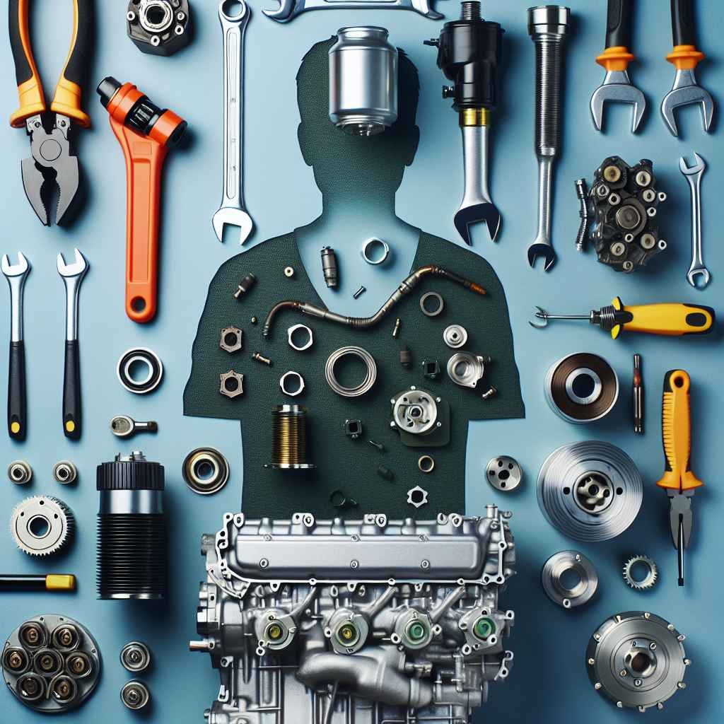 Dijelovi dizelskog motora i alati za održavanje prikazani zajedno.