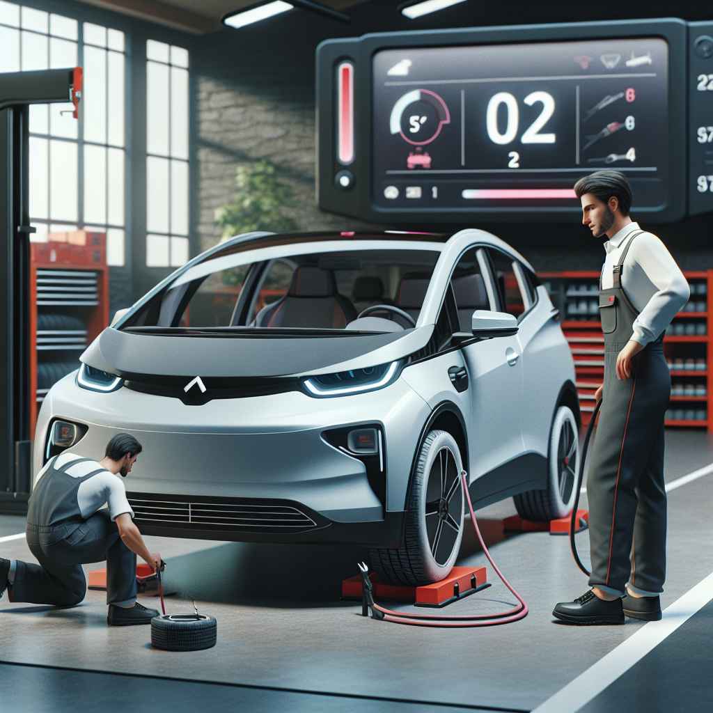Električni automobil u garaži, provjera guma i razine baterije.