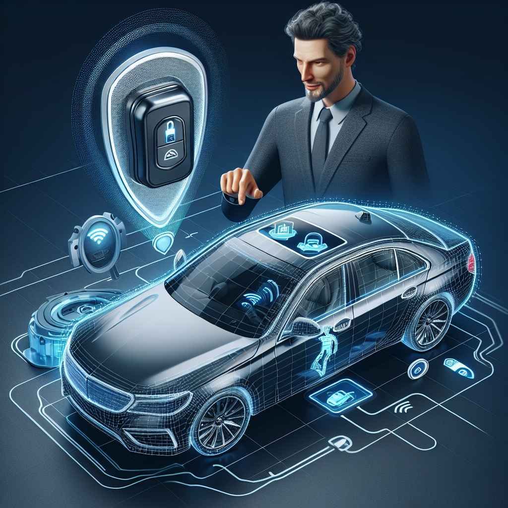 Ilustracija automobila s bravom, alarmom i GPS sustavom protiv krađe.