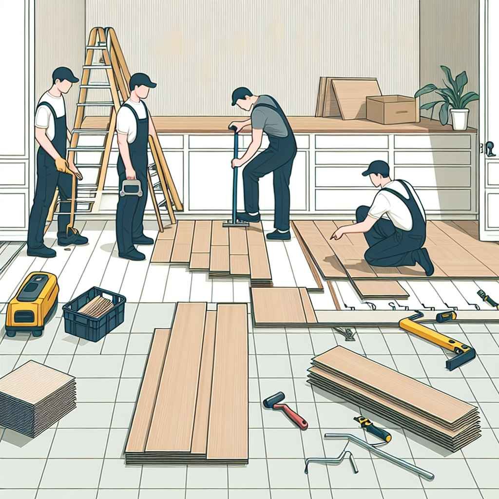 Ilustracija postupnog postavljanja laminata s potrebnim alatima i materijalima.