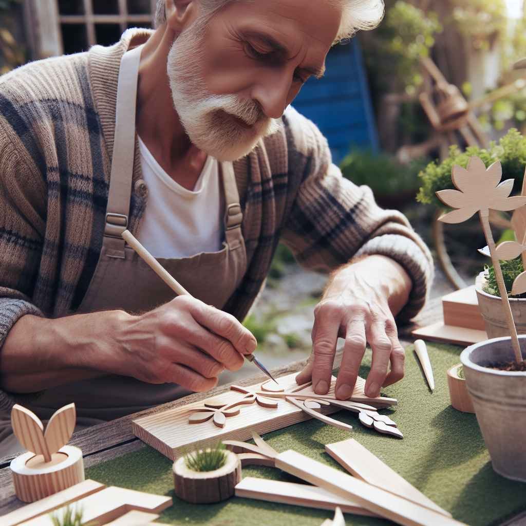 Izrada ručno izrađenih drvenih oznaka za biljke u vrtu, kreativni proces.