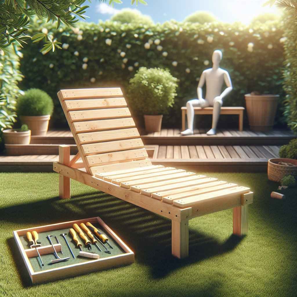 Jednostavna DIY ležaljka, drvene daske, vrt, sunčano, opuštanje, priroda, ručni alati.