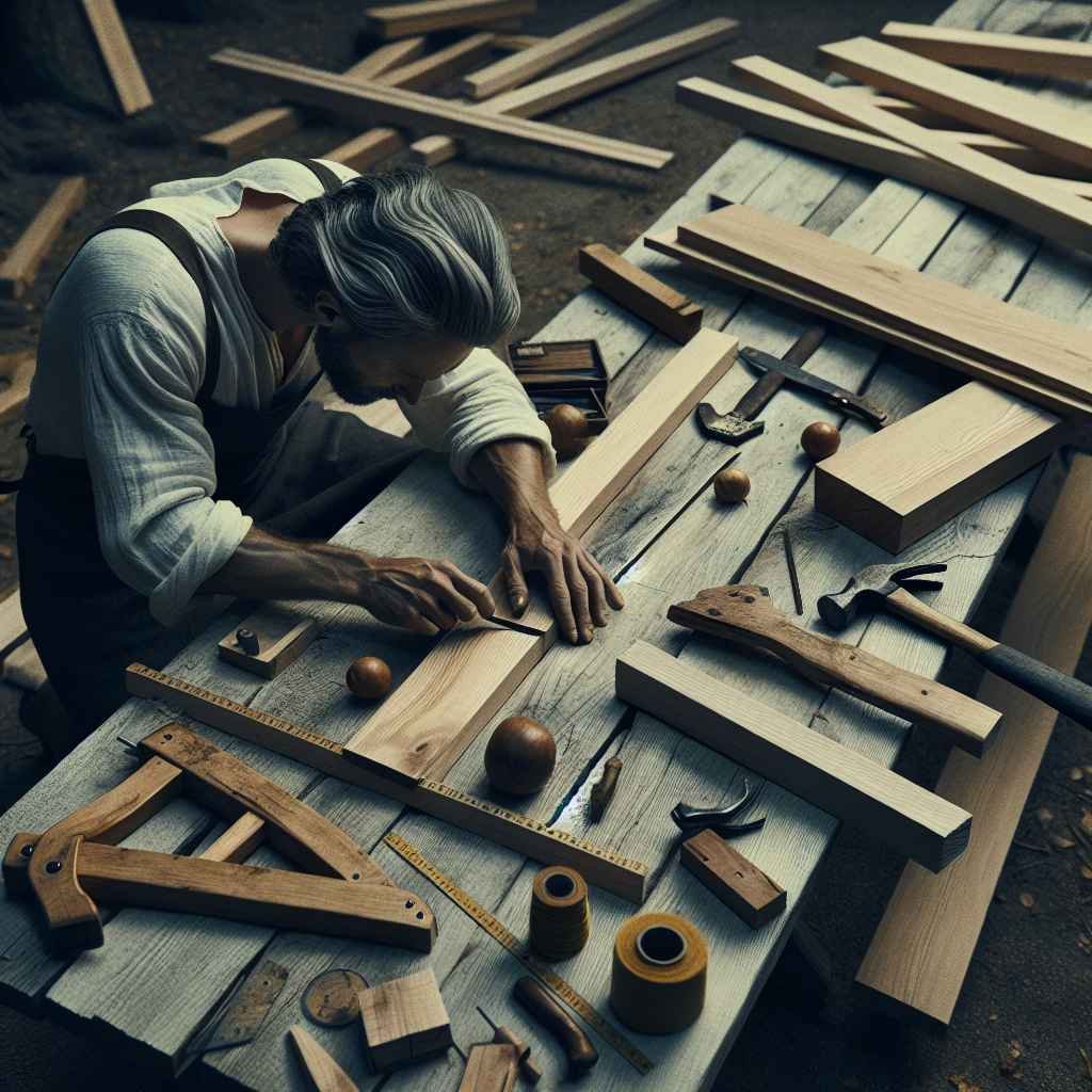 Osoba izrađuje drveni piknik stol uz korištenje alata i materijala.
