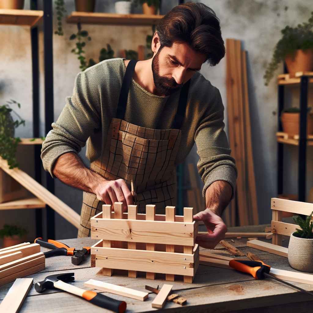 Osoba izrađuje drveni stalak za biljke, koristi alat i drvene daske.