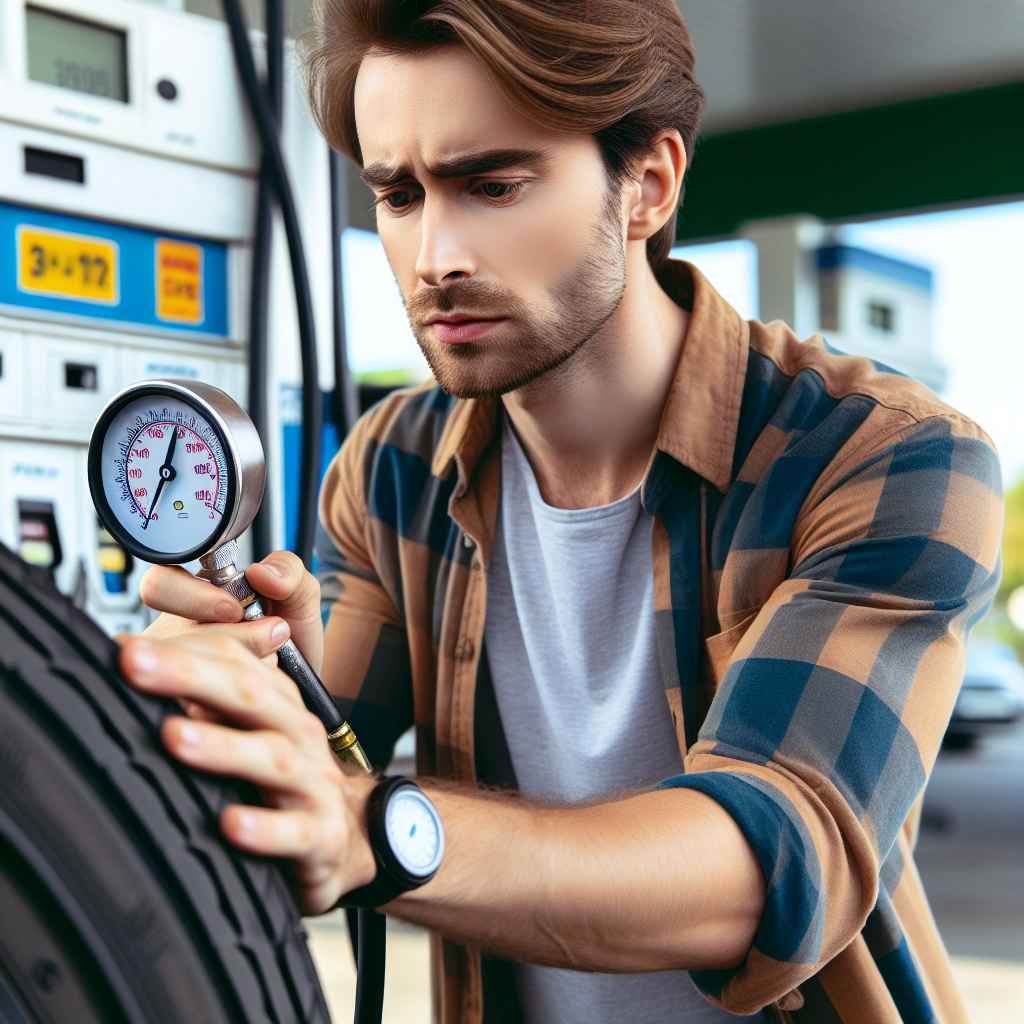 Osoba provjerava tlak u gumama automobila s tlakomjerom na pumpnoj postaji.