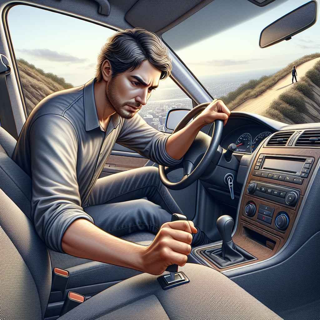 Osoba sigurno povlači ručnu kočnicu u automobilu parkiranom na nagibu.