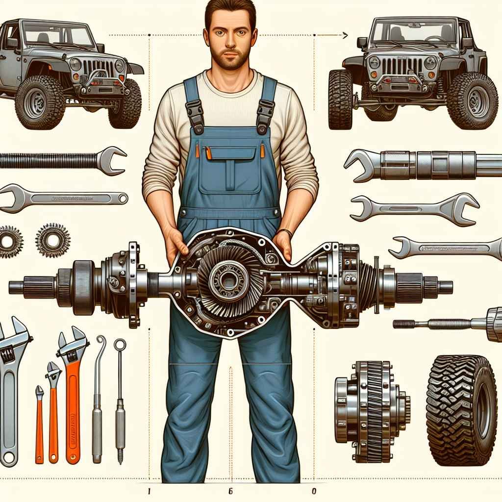 Prikaz koraka zamjene diferencijala terenskog vozila s potrebnim alatima.