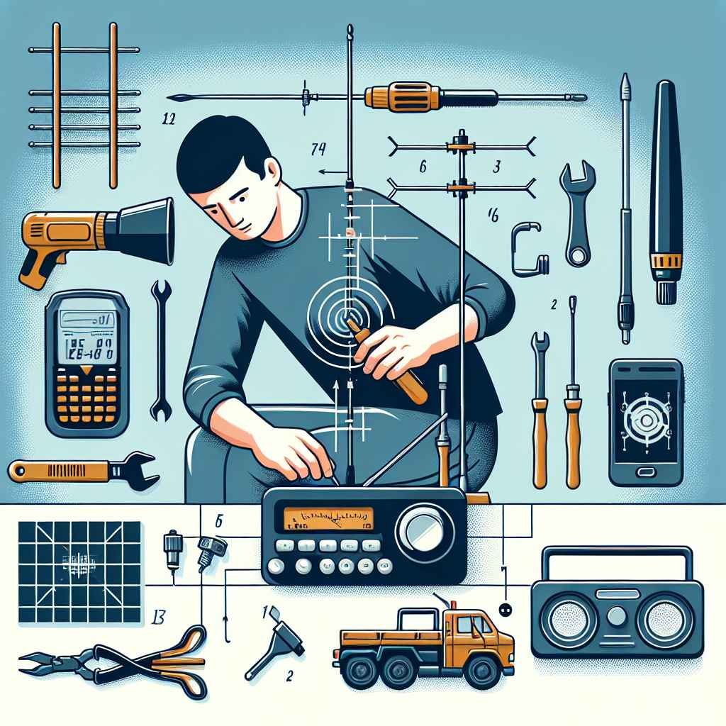 Prikazuje korake zamjene antene ili popravka radija s alatima.