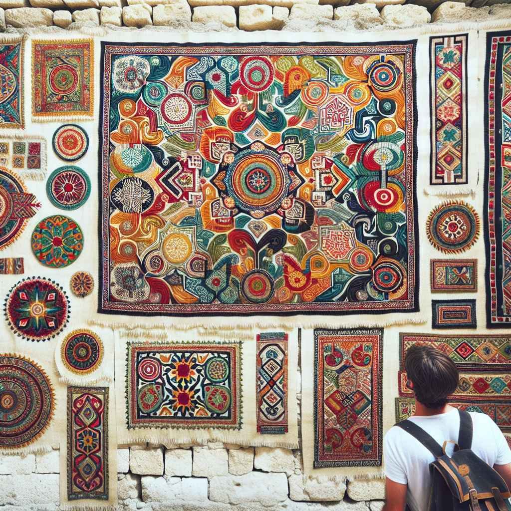 Šarene zidne tapiserije s etno motivima na tekstilnim tkaninama.