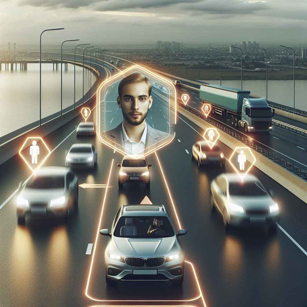 Slika prikazuje automobile na autoputu s istaknutim sigurnosnim savjetima za vožnju.