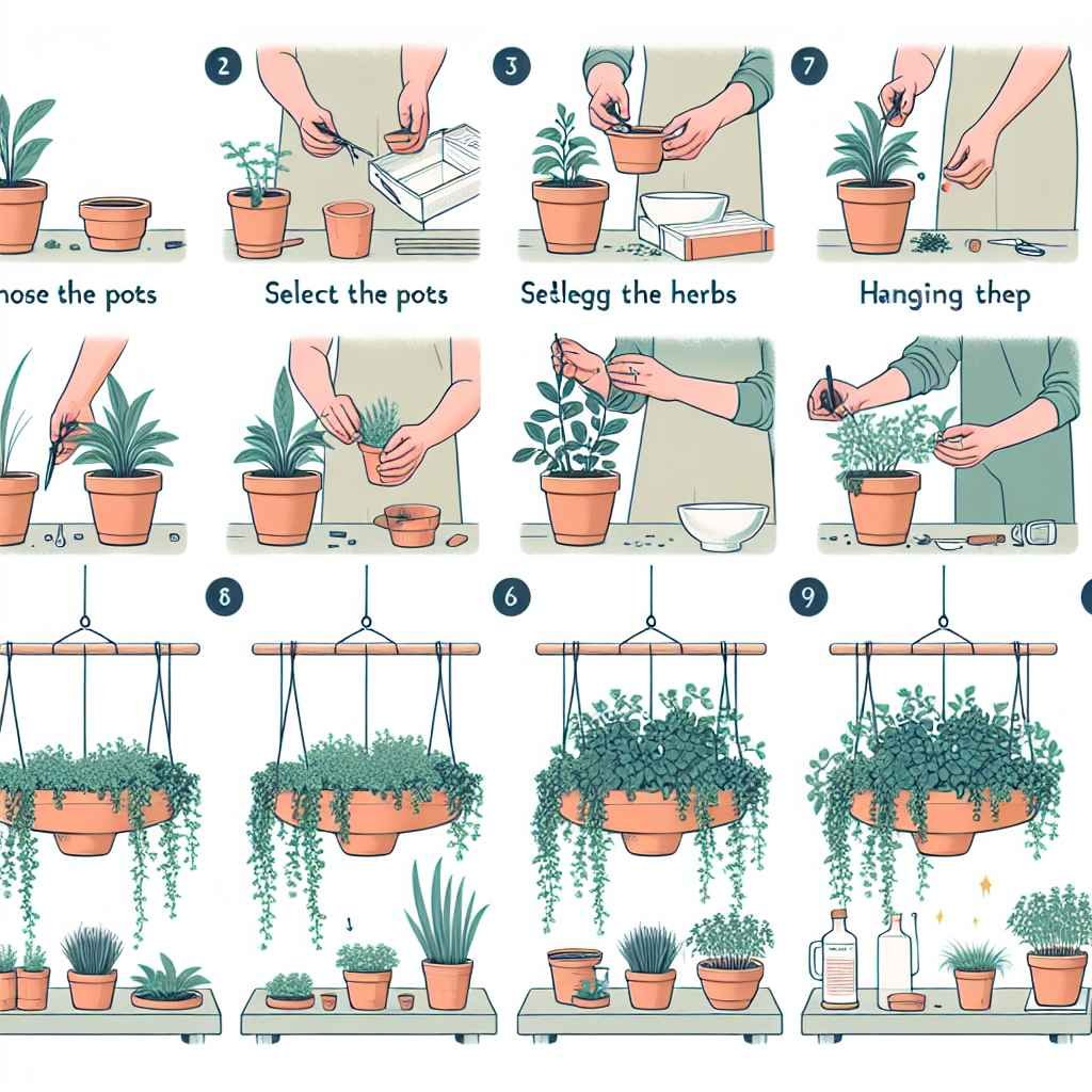 Slika prikazuje korake za izradu visećeg vrta s začinskim biljem.