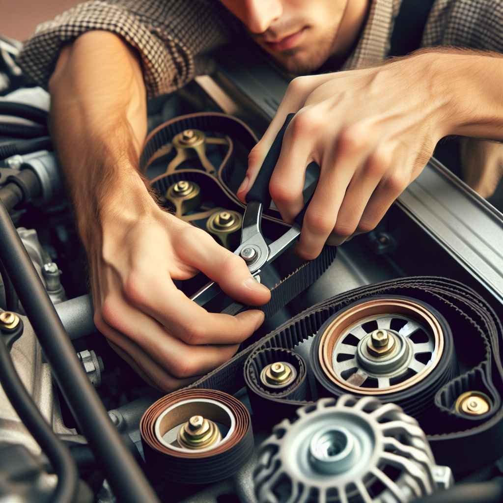 Slika prikazuje provjeru i zamjenu remena alternatora korak po korak.