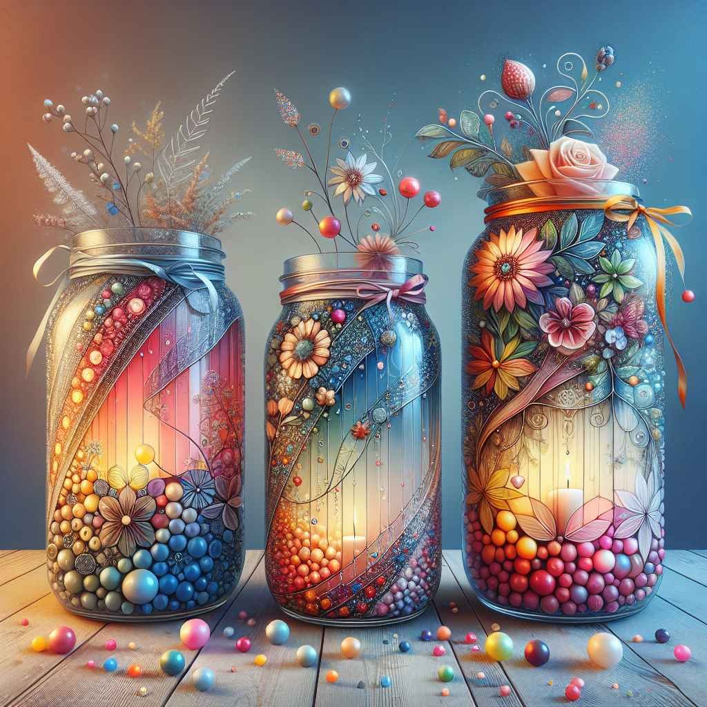 Staklenke pretvorene u svijećnjake, ukrašene bojama i šarenim vrpcama.