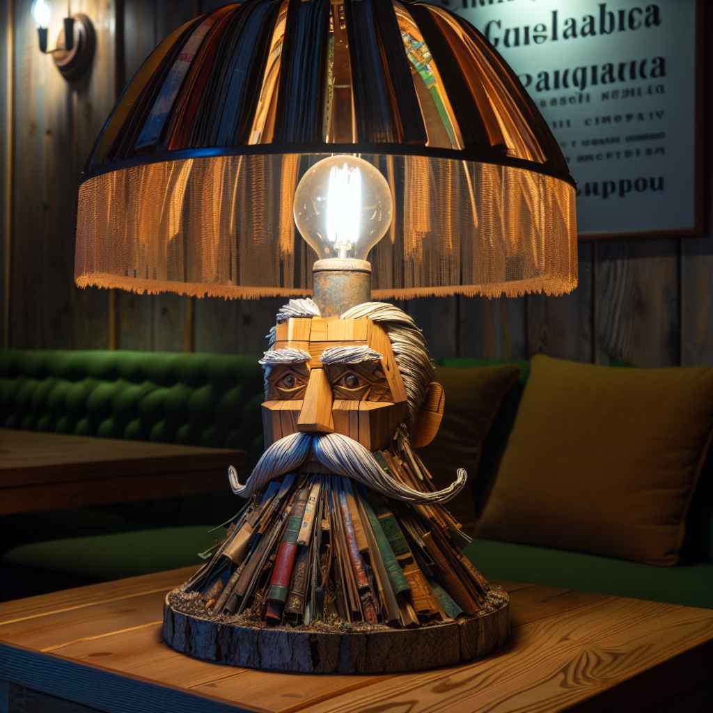 Unikatna svjetiljka izrađena od recikliranih materijala, kreativno osvjetljava prostor.
