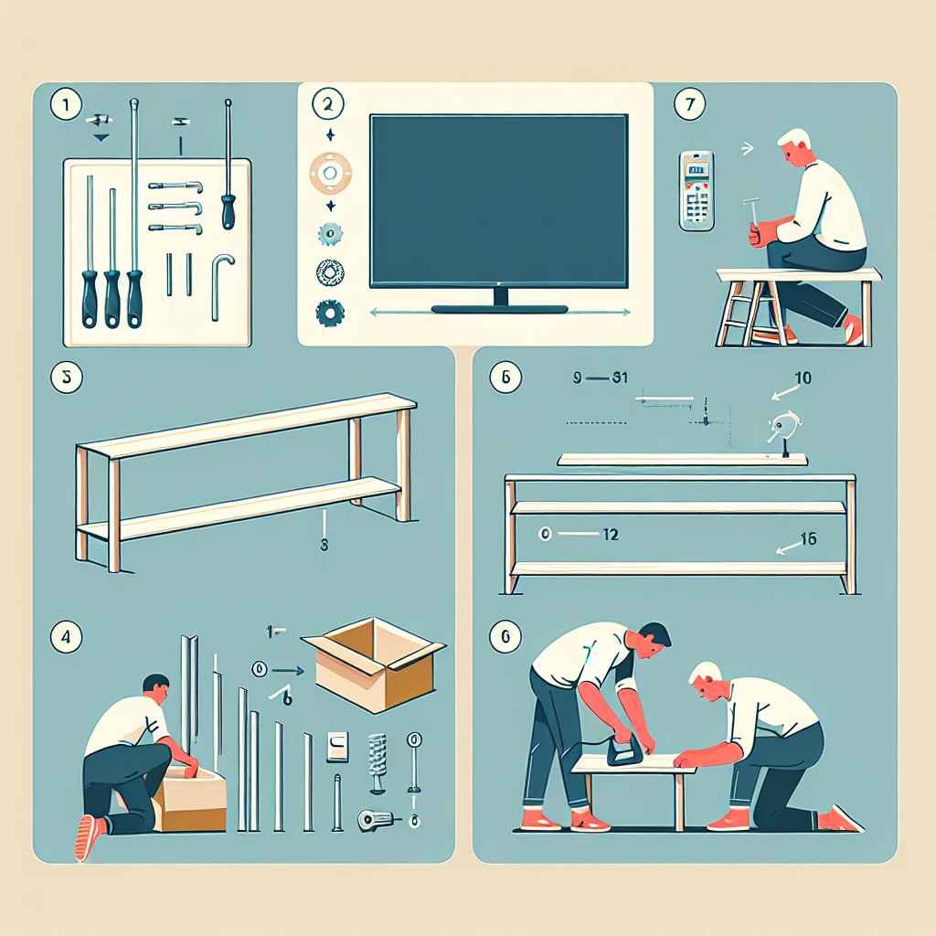 Upute za sastavljanje praktičnog i jednostavnog TV stalka s materijalima.