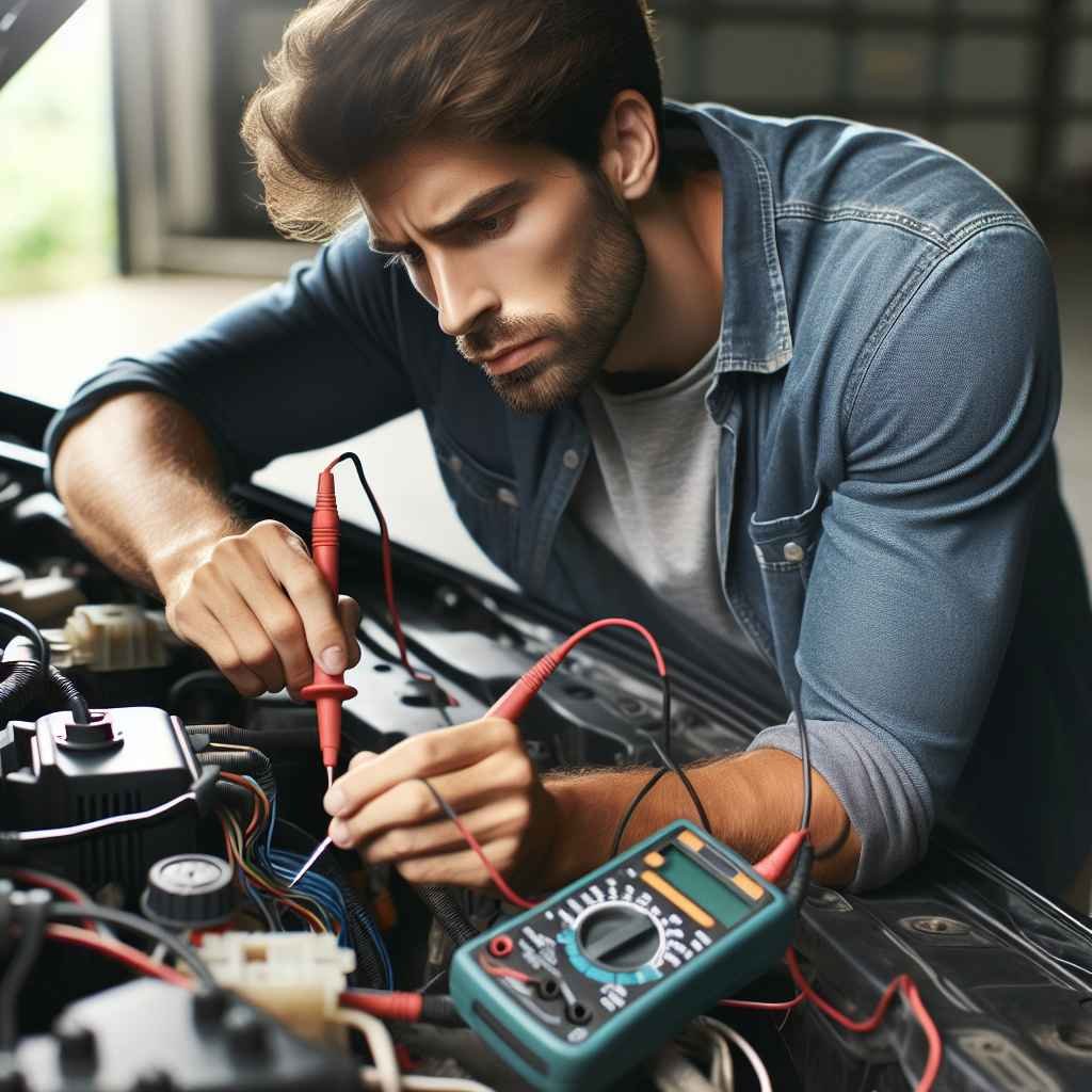Vozač pregledava automobil s multimetrom, traži probleme u električnom sustavu.