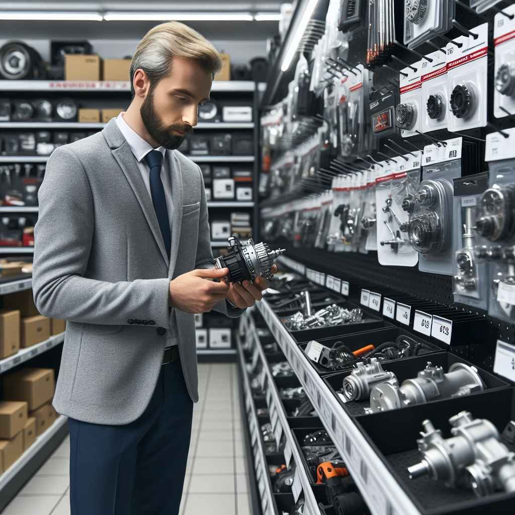 Vozač pregledava dodatnu opremu za automobil u trgovini autodijelova.