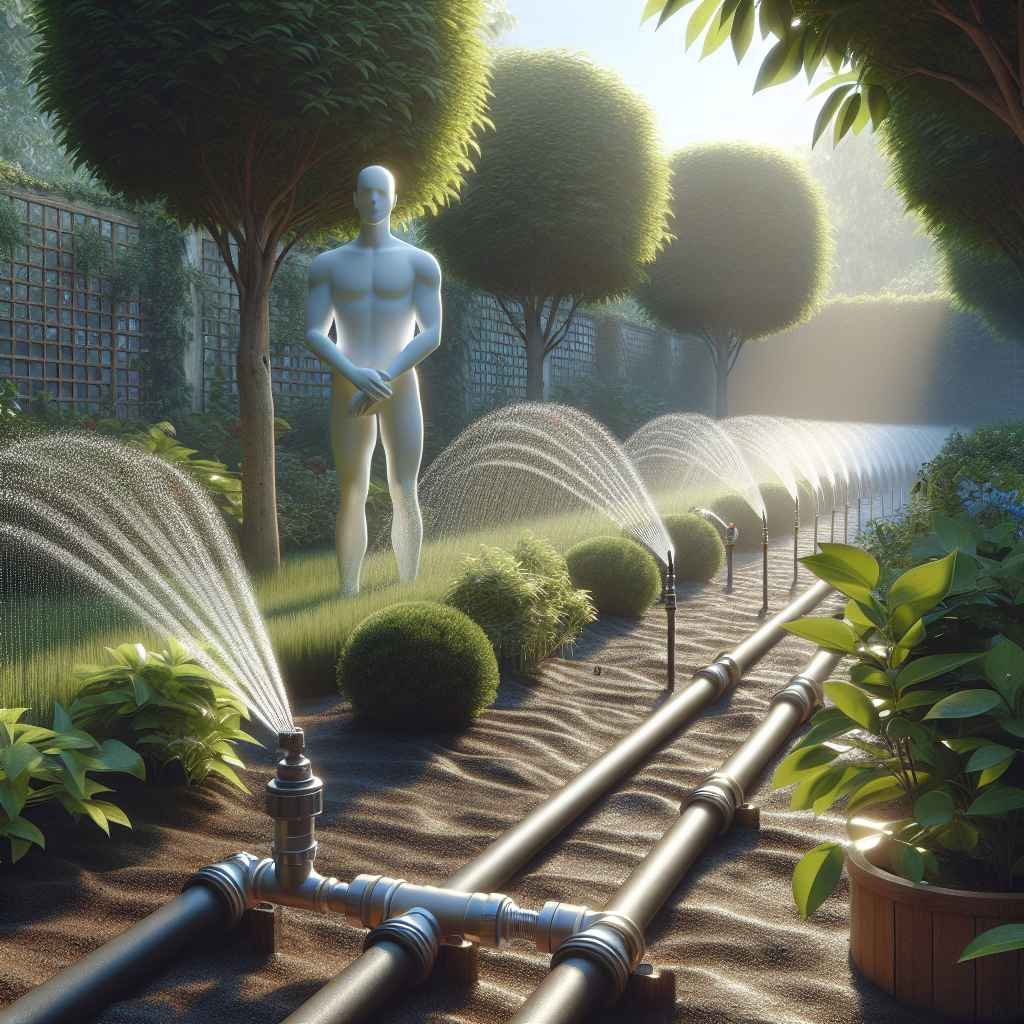 Vrt s cijevima i prskalicama za vlastito navodnjavanje tla i biljaka.